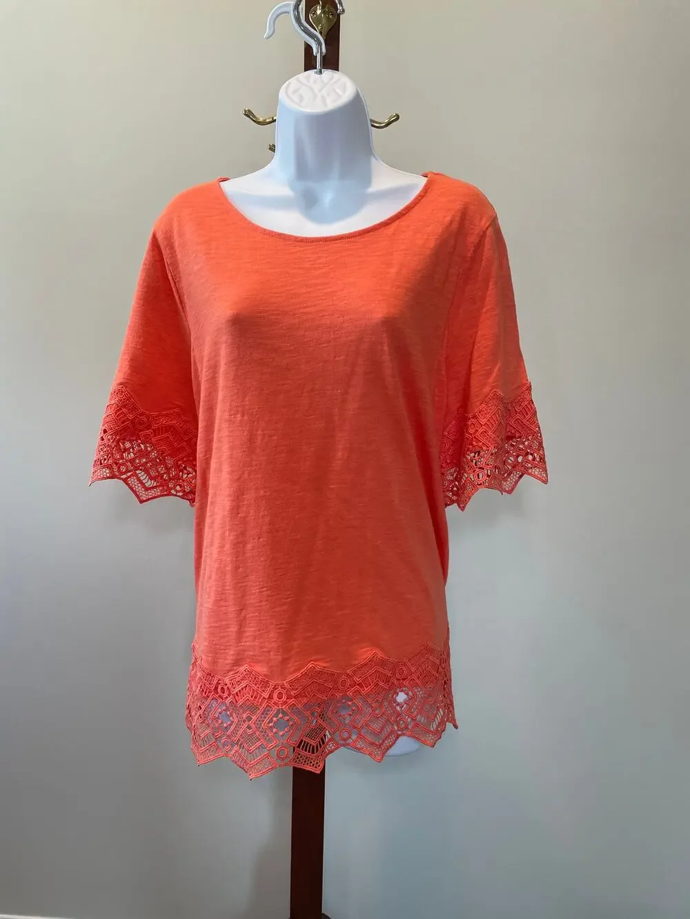 Chico’s Top Orange Coral Lace Trim Short Sleeve Boho Casual Size 3 XL